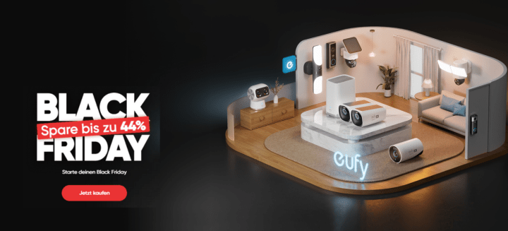 Black background with red and white text. Text reads, " Black Friday! Black Friday starts now. Shop now." Image of a living room with eufy home security tech products and smart tech products for the home. Eufy affiliated with SpookyMrsGreen.com mindful parenting and modern pagan lifestyle blog.