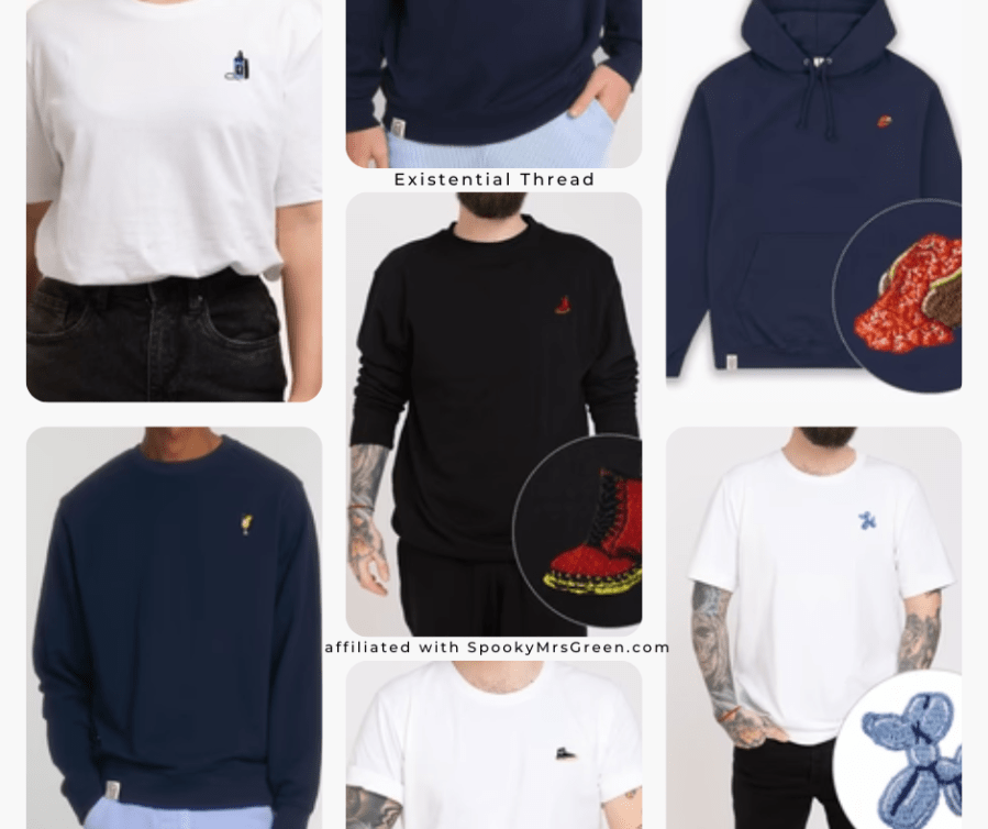 Images of ethical embroidered T-shirts, embroidered sweatshirts, and embroidered hoodies. Text reads, “Existential Thread affiliated with SpookyMrsGreen.com.” Existential Thread affiliated with SpookyMrsGreen.com mindful parenting and modern pagan lifestyle blog.