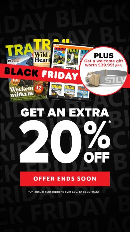 Text reads, "Black Friday. Get an extra 20 per cent off offers end soon. Plus get a welcome gift worth £39.99!" Image of Trail magazine from Great Magazines affiliated with SpookyMrsGreen.com mindful parenting and modern pagan lifestyle blog.