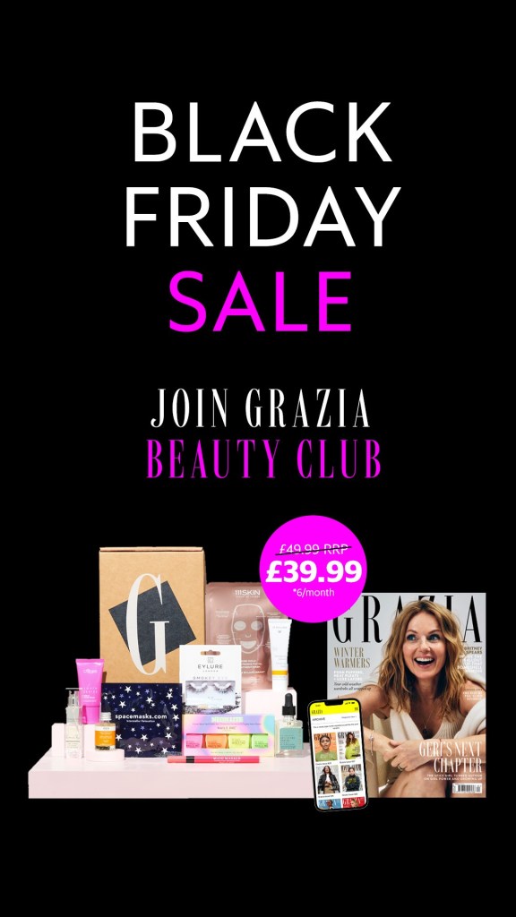 Black background with white and pink text. Text reads, " Black Friday Sale. Join Grazia Beauty Club.” Image of Grazia magazine from Great Magazines affiliated with SpookyMrsGreen.com mindful parenting and modern pagan lifestyle blog.
