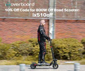 Photo of a man riding an electric scooter along a pavement. Text reads, “iHoverboard 10% off code for 800W Off Road Scooter. Ix510off.” iHoverboard is a specialized electric vehicle retailer affiliated with SpookyMrsGreen.com mindful parenting and modern pagan lifestyle blog.