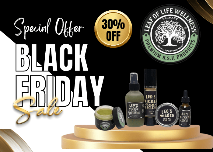 Image of natural healthy body care products. Text reads "Special Offer Black Friday 30% off Leaf of Life Wellness Products." Leaf of Life Wellness 30% off Black Friday Sale affiliated with SpookyMrsGreen.com mindful parenting and modern pagan lifestyle blog.