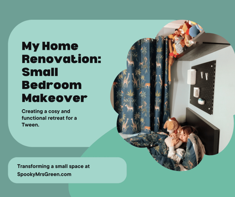 Green background with a photo of a tween child sitting in bed in a trendy teenage bedroom with black furniture, green walls and safari print curtains and duvet. There are plush toy animals on the shelf and a metal pegboard from IKEA on the wall. Text reads, “My Home Renovation: Small Bedroom Makeover. Creating a cosy and functional retreat for a Tween. Transforming a small space at SpookyMrsGreen.com.” #MummyMonday blog post at SpookyMrsGreen.com mindful parenting and modern pagan lifestyle blog.