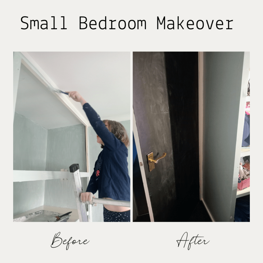 Before and after images of a small bedroom makeover project. Photo of a tween child standing on a ladder painting a cupboard. Photo of a modern tween bedroom with a TV on the wall, black shelf and wall cupboards, vanity mirror and spotlights, black desk and green painted walls. Text reads, “Small bedroom makeover. Before. After.” #MummyMonday blog post at SpookyMrsGreen.com mindful parenting and modern pagan lifestyle blog.