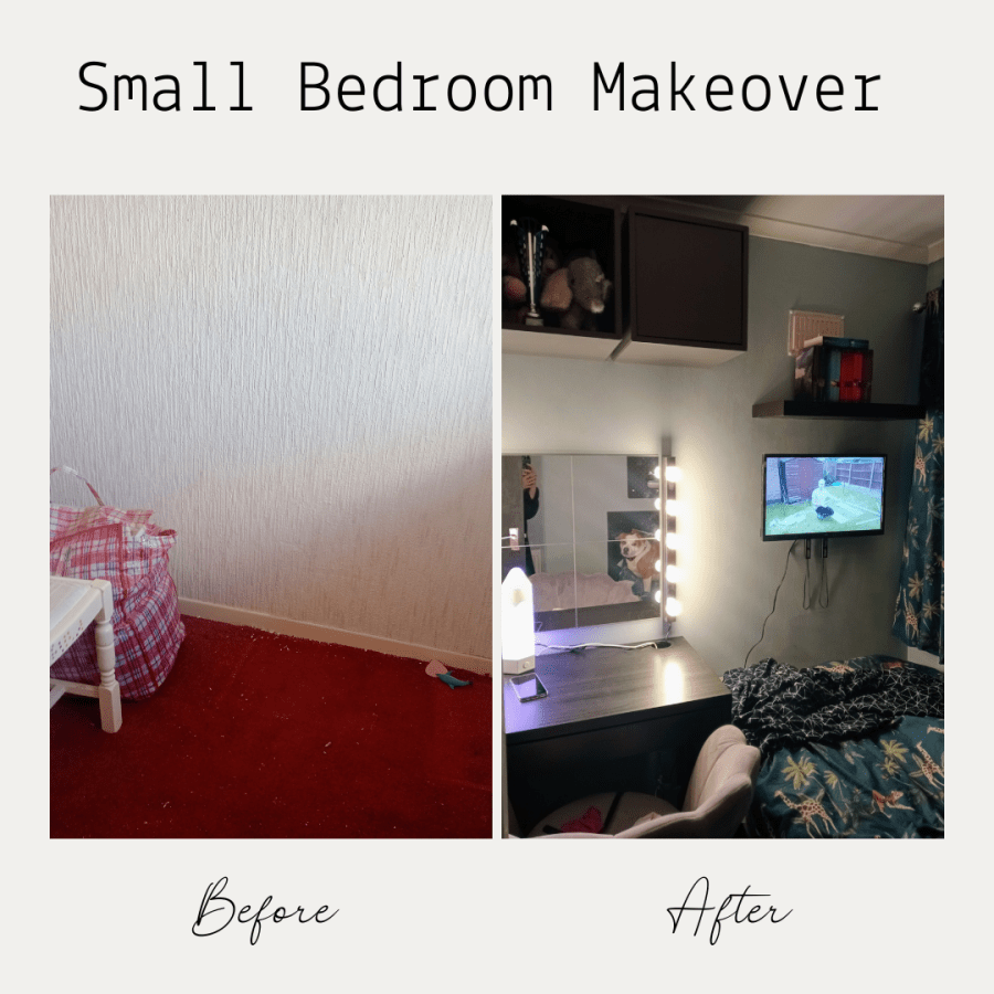 Before and after images of a small bedroom makeover project. Photo of a dated bedroom with old wallpaper and tattered carpet. Photo of a bedroom door with chalkboard paint and green painted walls. Text reads, “Small bedroom makeover. Before. After.” #MummyMonday blog post at SpookyMrsGreen.com mindful parenting and modern pagan lifestyle blog.