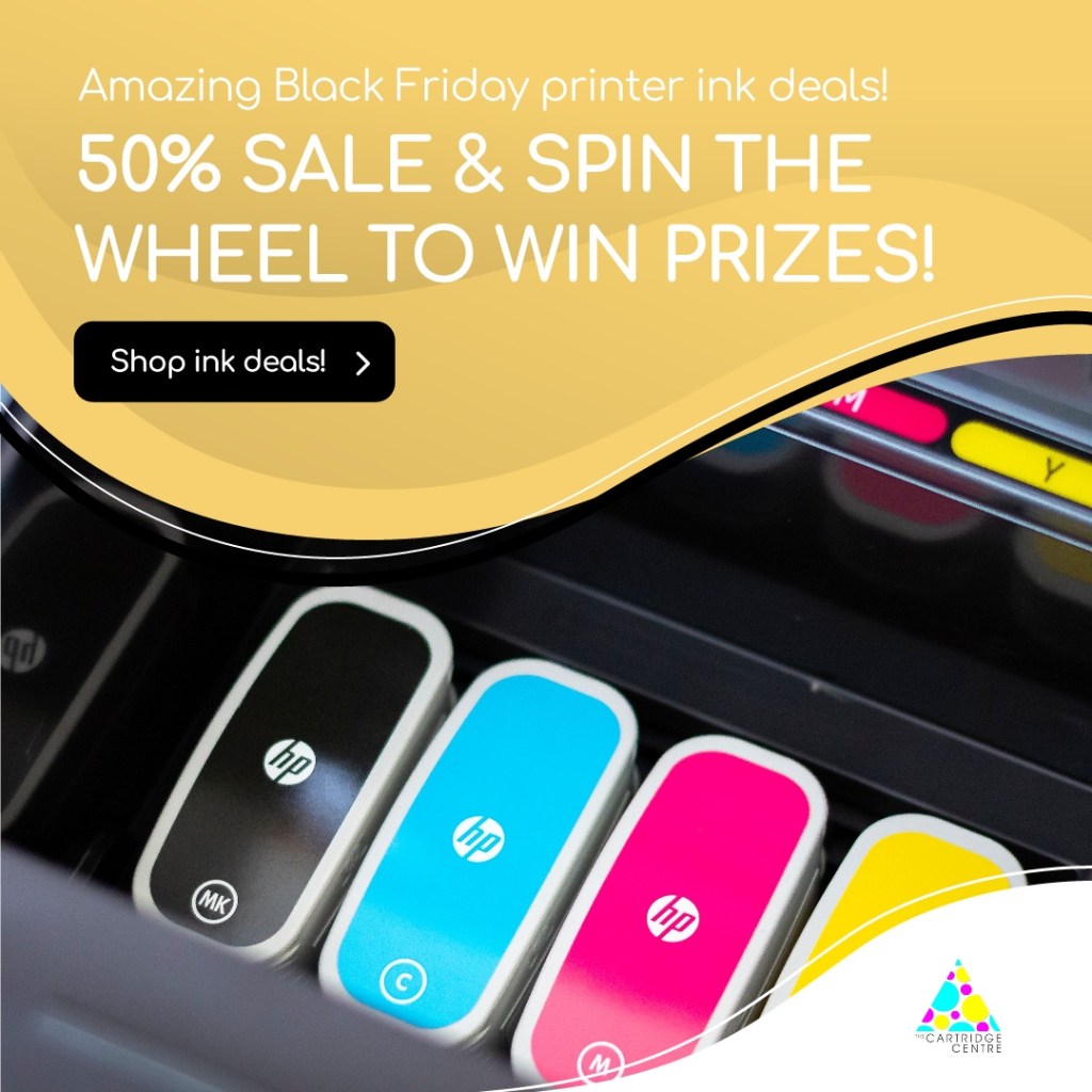 Image of black, blue, pink and yellow HP printer ink cartridges. Text reads, “Amazing Black Friday printer ink deals! 50 per cent sale plus spin the wheel to win prizes! Shop ink deals!” The Cartridge Centre Black Friday sale affiliated with SpookyMrsGreen.com mindful parenting and modern pagan lifestyle blog.
