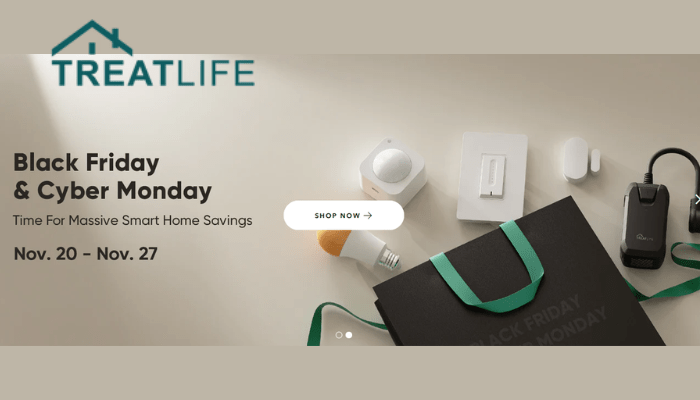 Image of Treatlife smart home security and lighting equipment. Text reads “Treatlife Black Friday and Cyber Monday time for massive Smart Home Savings.” Affiliated with SpookyMrsGreen.com mindful parenting and modern pagan lifestyle blog.