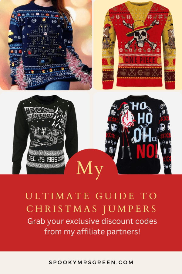 Festive image with red background and photos of Christmas jumpers from MenKind including Pac-Man Christmas Jumper, One Piece Christmas Jumper, The Nightmare Before Christmas Ho Ho Oh No Jumper and Back to the Future Christmas Jumper. Text reads, “My Ultimate Guide to Christmas Jumpers: Grab your exclusive discount codes from my affiliate partners!” Blog post featured at SpookyMrsGreen.com mindful parenting and modern pagan lifestyle blog.