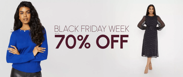 Image of women wearing smart dresses and workwear. Text reads, โBlack Friday week up to 70 per cent off.โ Wallis Black Friday sale affiliated with SpookyMrsGreen.com mindful parenting and modern pagan lifestyle blog.