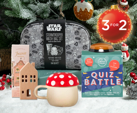 Image of gifts under a Christmas tree including Star Wars gift set, Quiz Battle game, mushroom mug, wooden house ornament. Text reads, “3for2” Christmas gifts from WH Smith affiliated with SpookyMrsGreen.com mindful parenting and modern pagan lifestyle blog.