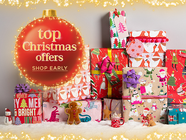 Image of wrapped Christmas gifts in a pile with a gingerbread man, a snowman and a mug of hot chocolate. Text reads, “Top Christmas Offers. Shop Early.” Christmas gifts from WH Smith affiliated with SpookyMrsGreen.com mindful parenting and modern pagan lifestyle blog.