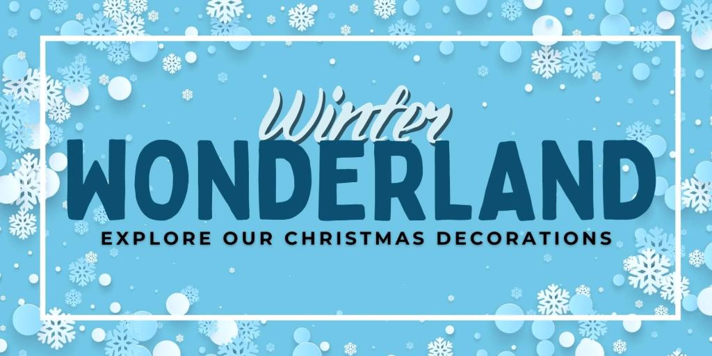 Blue background snowflakes and bubbles. Text reads, "Explore our Christmas decorations." Cheaper Online affiliated with SpookyMrsGreen.com mindful parenting and modern pagan lifestyle blog.