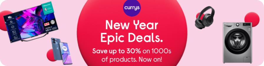 Colourful image with a pink background, image of a TV, a smartphone, headphones and washing machine. Text reads, “New Year Epic Deals. Save up to thirty per cent on thousands of products. Now on!” Currys New Year sale affiliated with SpookyMrsGreen.com mindful parenting and modern pagan lifestyle blog.