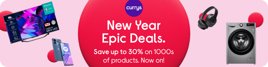 Colourful image with a pink background, image of a TV, a smartphone, headphones and washing machine. Text reads, “New Year Epic Deals. Save up to thirty per cent on thousands of products. Now on!” Currys New Year sale affiliated with SpookyMrsGreen.com mindful parenting and modern pagan lifestyle blog.
