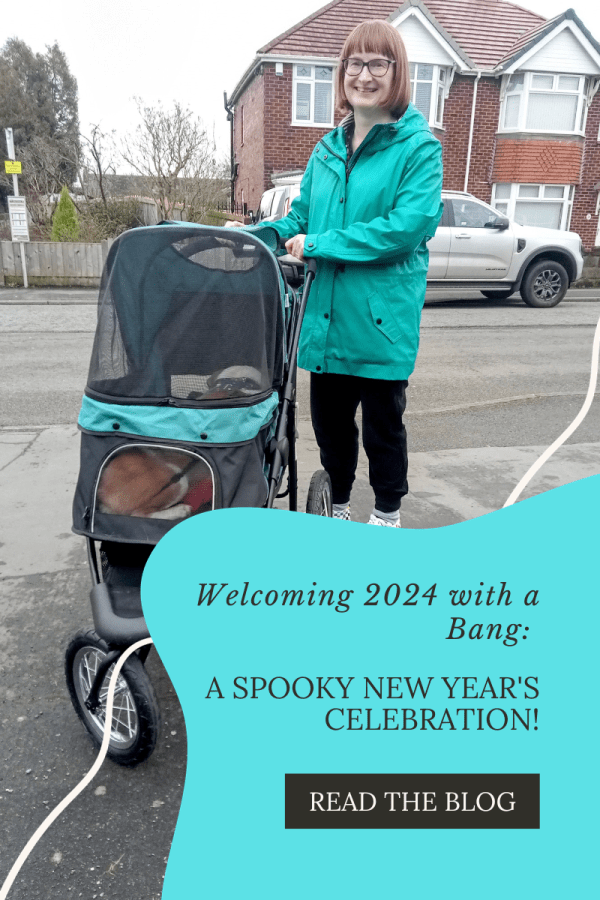 Image of Catherine aka SpookyMrsGreen with her new dog stroller and Marley the Staffy X dog sitting inside the stroller. Text reads, “Welcoming 2024 with a Bang: A Spooky New Year's Celebration! Read the blog.” Read my #MummyMonday blog post at SpookyMrsGreen.com mindful parenting and modern pagan lifestyle blog.
