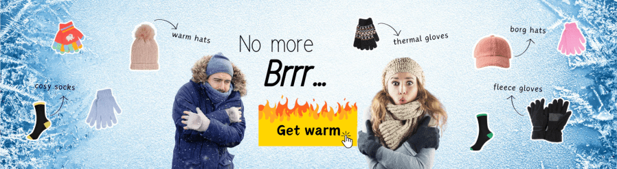 Ice effect background of frost and snow. Image of a man and woman wearing winter coats, scarves, hats, and gloves and looking cold. Image of fire, gloves, hats, socks. Text reads, “No more brr… get warm. Cosy socks, warm hats, thermal gloves, borg hats, fleece gloves.” Image credit You Know Who’s affiliated with SpookyMrsGreen.com mindful parenting and modern pagan lifestyle blog.