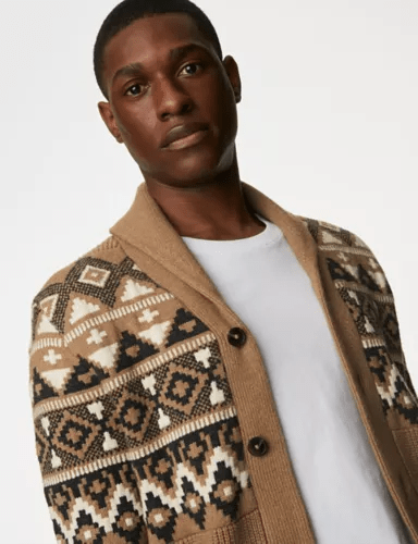 Image of a man looking stylish in a knitted cardigan. M&S online Marks and Spencer affiliated with SpookyMrsGreen.com mindful parenting and modern pagan lifestyle blog.