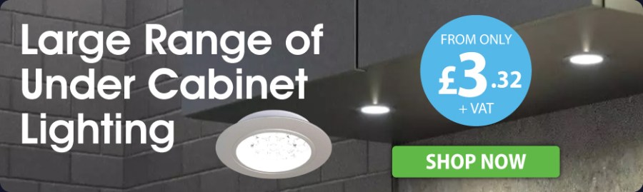 Grey background with stylish kitchen cabinets featuring under cabinet lighting. Text reads, “Large range of under cabinet lighting. From only three pounds thirty-two plus VAT. Shop now.” Simple Lighting affiliated with SpookyMrsGreen.com mindful parenting and modern pagan lifestyle blog.