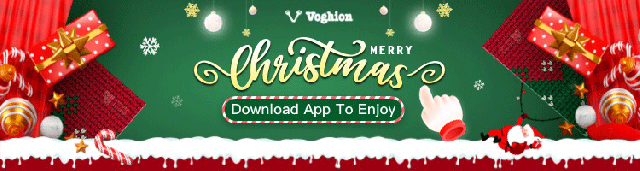 Red and green background with wrapped Christmas gifts, snowflakes and baubles. Text reads, “Voghion Merry Christmas. Download app to enjoy.” Voghion affiliated with SpookyMrsGreen.com mindful parenting and modern pagan lifestyle blog.
