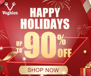 Red background with fireworks. Text reads, “Voghion. Happy Holidays up to 90 per cent off. Shop now.” Voghion affiliated with SpookyMrsGreen.com mindful parenting and modern pagan lifestyle blog.