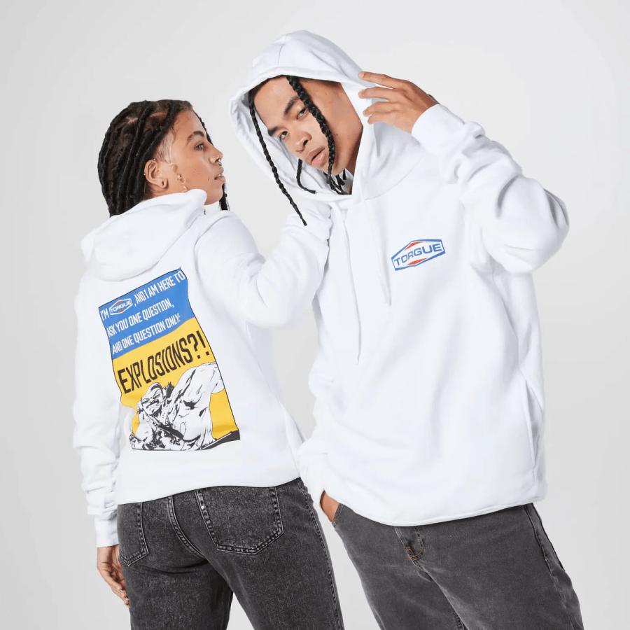 Image of model wearing Borderlands Explosions Unisex Hoodie - White from Zavvi UK affiliated with SpookyMrsGreen.com mindful parenting and modern pagan lifestyle blog.