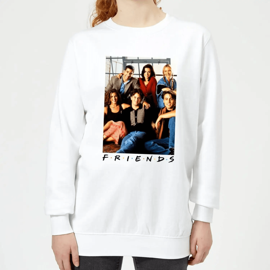 Image of a model wearing a Friends TV show themed jumper from Zavvi affiliated with SpookyMrsGreen.com mindful parenting and modern pagan lifestyle blog.