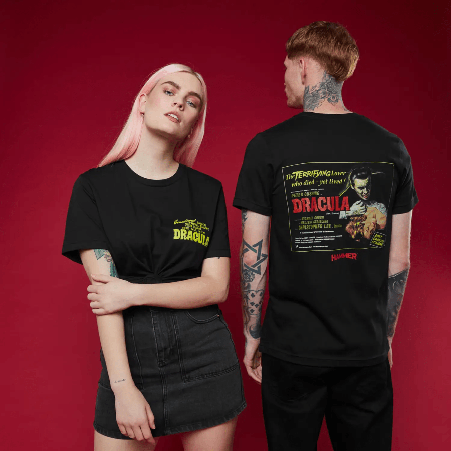 Image of models wearing a Hammer Dracula 1 Unisex T-Shirt – Black from Zavvi affiliated with SpookyMrsGreen.com mindful parenting and modern pagan lifestyle blog.
