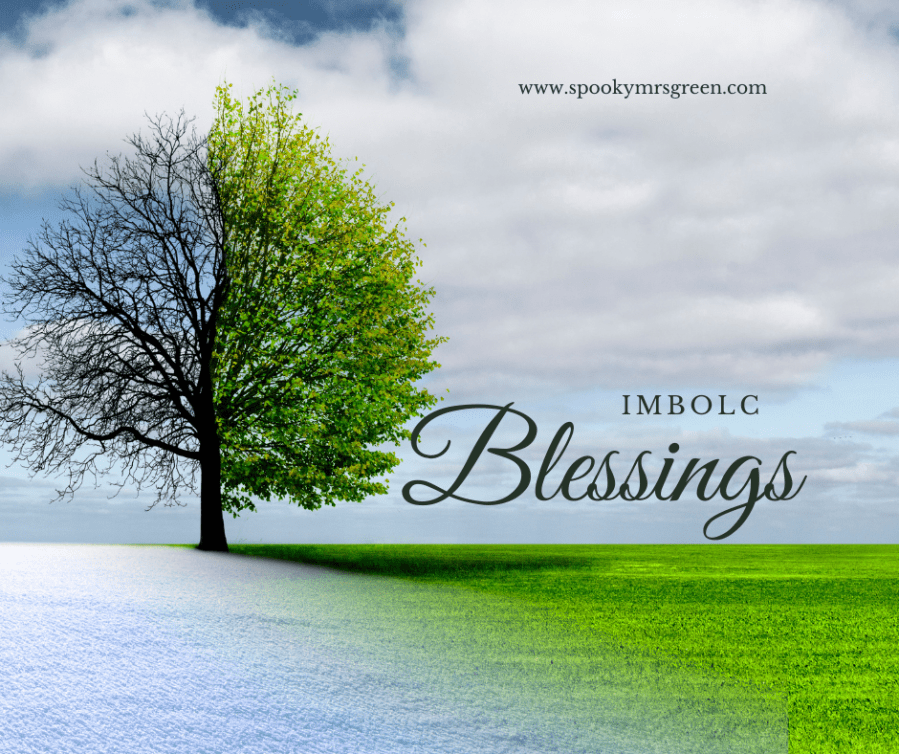Beautiful image of a tree standing in a field, transitioning from Winter to Spring. One side of the tree is bare and there is snow on the ground. One side of the tree is blooming with bright green leaves and the grass is green and vibrant in the field. Text reads, “Imbolc Blessings.” SpookyMrsGreen mindful parenting and modern pagan lifestyle blog.