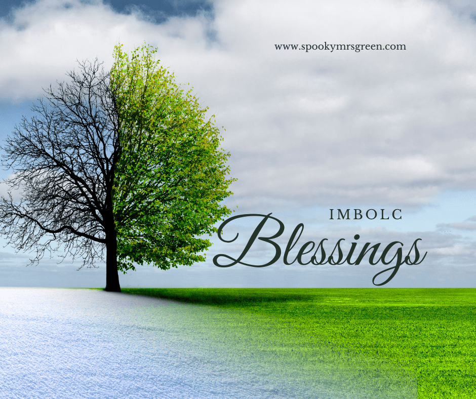 Beautiful image of a tree standing in a field, transitioning from Winter to Spring. One side of the tree is bare and there is snow on the ground. One side of the tree is blooming with bright green leaves and the grass is green and vibrant in the field. Text reads, “Imbolc Blessings.” SpookyMrsGreen mindful parenting and modern pagan lifestyle blog.