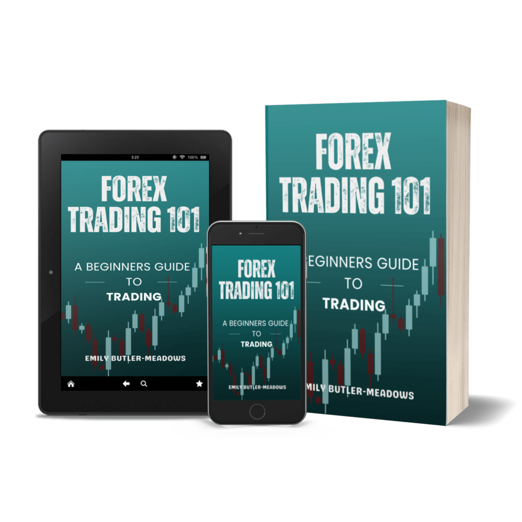 3D book cover image for “Forex Trading 101: A Beginner’s Guide to Trading” by Emily Butler-Meadows including phone and iPad download images for tablet, iPhone, and android book readers.