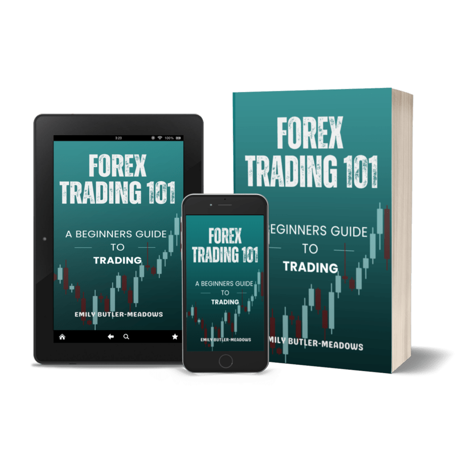 3D book cover image for “Forex Trading 101: A Beginner’s Guide to Trading” by Emily Butler-Meadows including phone and iPad download images for tablet, iPhone, and android book readers.