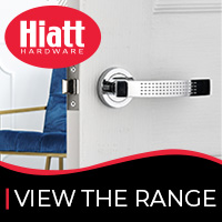 Image of a white internal door with polished chrome door handle. Text reads, “Hiatt Hardware. View the range.” Hiatt Hardware affiliated with SpookyMrsGreen.com mindful parenting and modern pagan lifestyle blog.