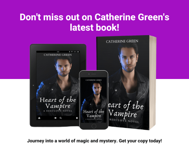 Image of a sexy dark-haired man wearing a black leather jacket, staring at the viewer, and looking mysterious. 3D book cover image for "Heart of the Vampire (A Redcliffe Novel)" from the vampire and werewolf fantasy book series by LGBT fantasy book writer Catherine Green including phone and iPad download images for tablet, iPhone, and android book readers.