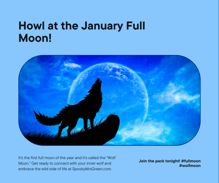 Image of a wolf howling at the full moon. Text reads, “ Howl at the January Full Moon! Join the pack tonight! #fullmoon #wolfmoon.” SpookyMrsGreen.com mindful parenting and modern pagan lifestyle blog.