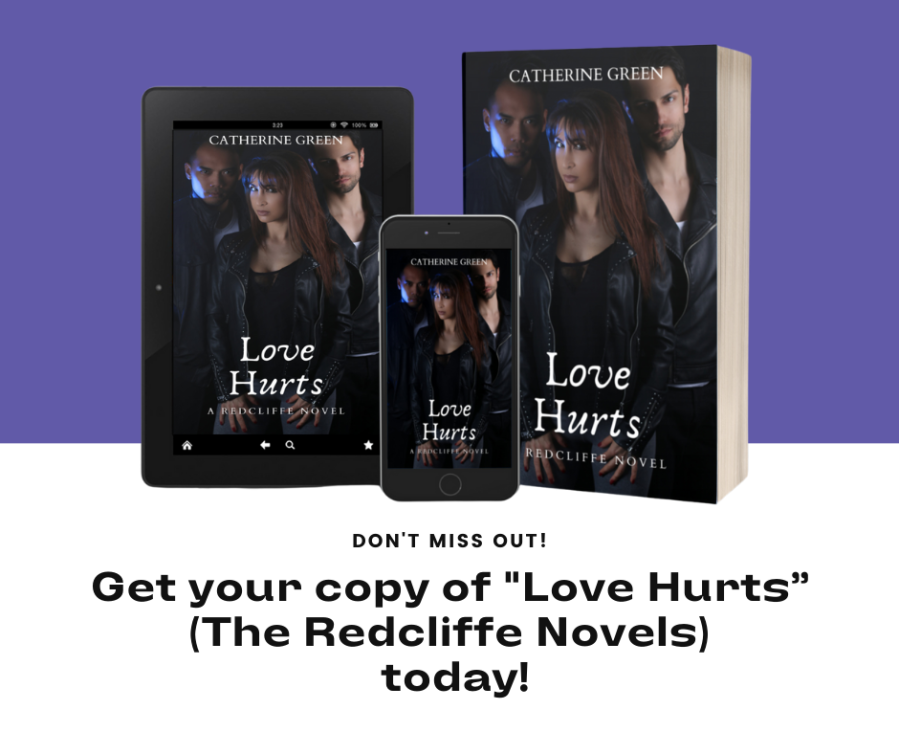 Image of a woman standing between two men who are partly in shadow. All are dressed in black clothes and look mysterious. 3D book cover image for "Love Hurts (A Redcliffe Novel)" from the vampire and werewolf fantasy book series by LGBT fantasy book writer Catherine Green including phone and iPad download images for tablet, iPhone, and android book readers.
