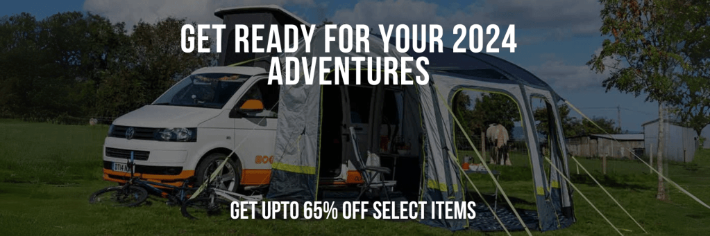 Image of a camper van with awning parked in a field. Text reads, “Get ready for your 2024 adventures. Get up to sixty-five per cent off select items.” OLPRO affiliated with SpookyMrsGreen.com mindful parenting and modern pagan lifestyle blog.