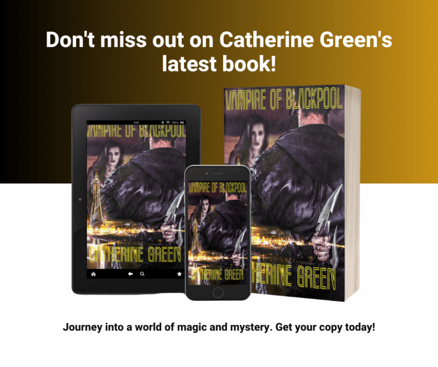 Image of a female vampire facing a vampire hunter man who has his back to the viewer and is holding a knife behind his back. You can see Blackpool Tower and Blackpool Illuminations in the foreground. 3D book cover image for “Vampire of Blackpool” fantasy novel by LGBT fantasy book writer Catherine Green including phone and iPad download images for tablet, iPhone, and android book readers.
