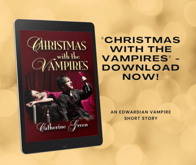 Gothic image of a vampire drinking blood from a wine glass while a woman lies unconscious on the bed behind him. 3D eBook cover image for “Christmas with the Vampires” by LGBT fantasy book writer Catherine Green.