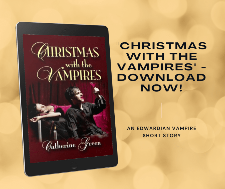 Gothic image of a vampire drinking blood from a wine glass while a woman lies unconscious on the bed behind him. 3D eBook cover image for “Christmas with the Vampires” by LGBT fantasy book writer Catherine Green.