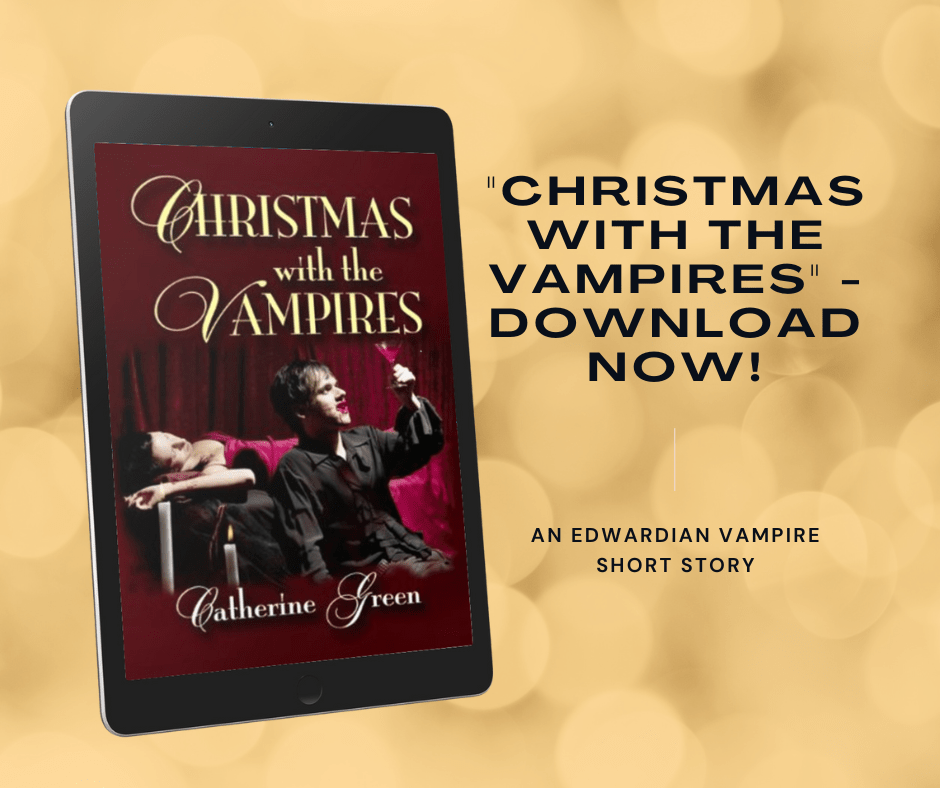 Gothic image of a vampire drinking blood from a wine glass while a woman lies unconscious on the bed behind him. 3D eBook cover image for “Christmas with the Vampires” by LGBT fantasy book writer Catherine Green.