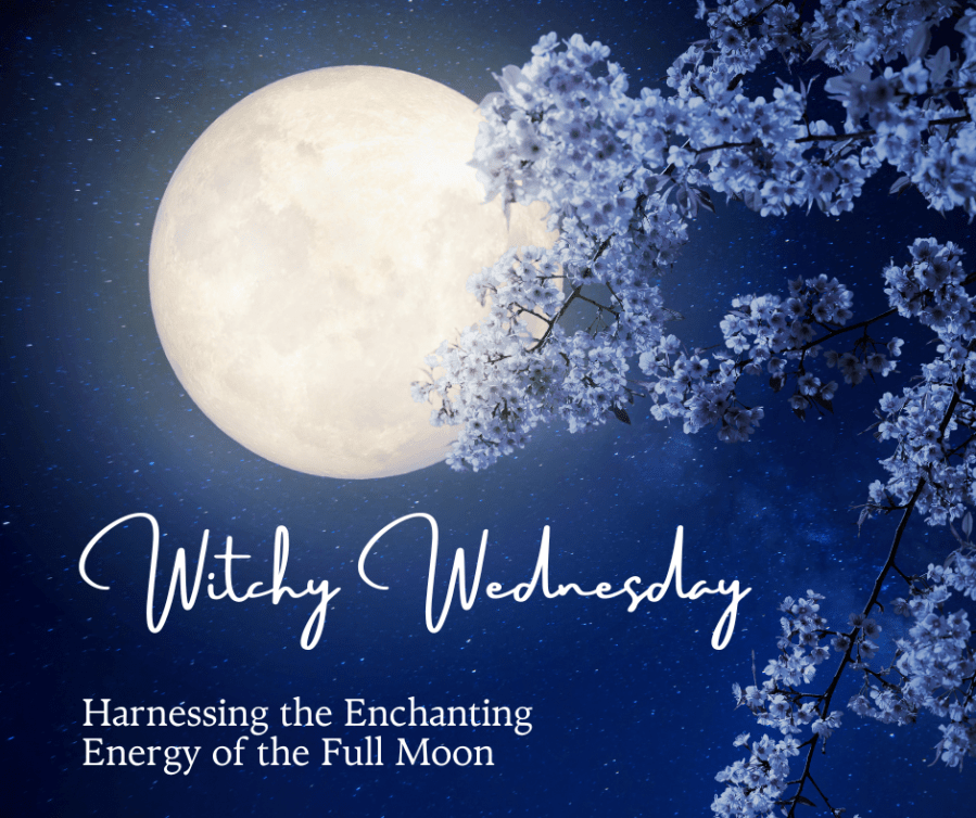 Image of a full moon shining in the night sky with a blossom tree in front of it. Text reads, “Witchy Wednesday. Harnessing the Enchanting Energy of the Full Moon.” SpookyMrsGreen.com mindful parenting and modern pagan lifestyle blog.