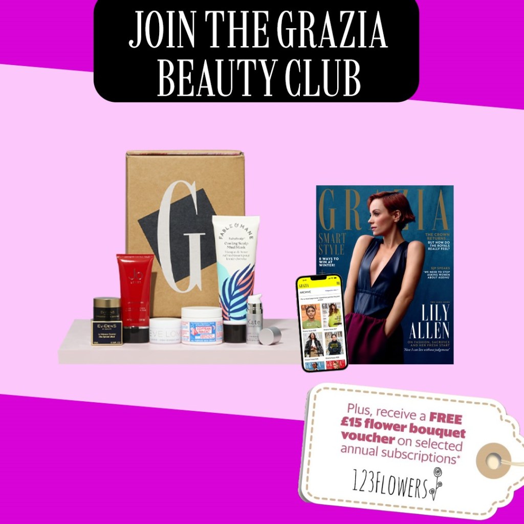 Image of Grazia magazine front cover and luxury beauty skincare products. Text reads, “Join the Grazia Beauty Club! Plus receive a FREE fifteen pounds flower bouquet voucher on selected annual subscriptions. 123 Flowers.” Great Magazines affiliated with SpookyMrsGreen.com mindful parenting and modern pagan lifestyle blog.