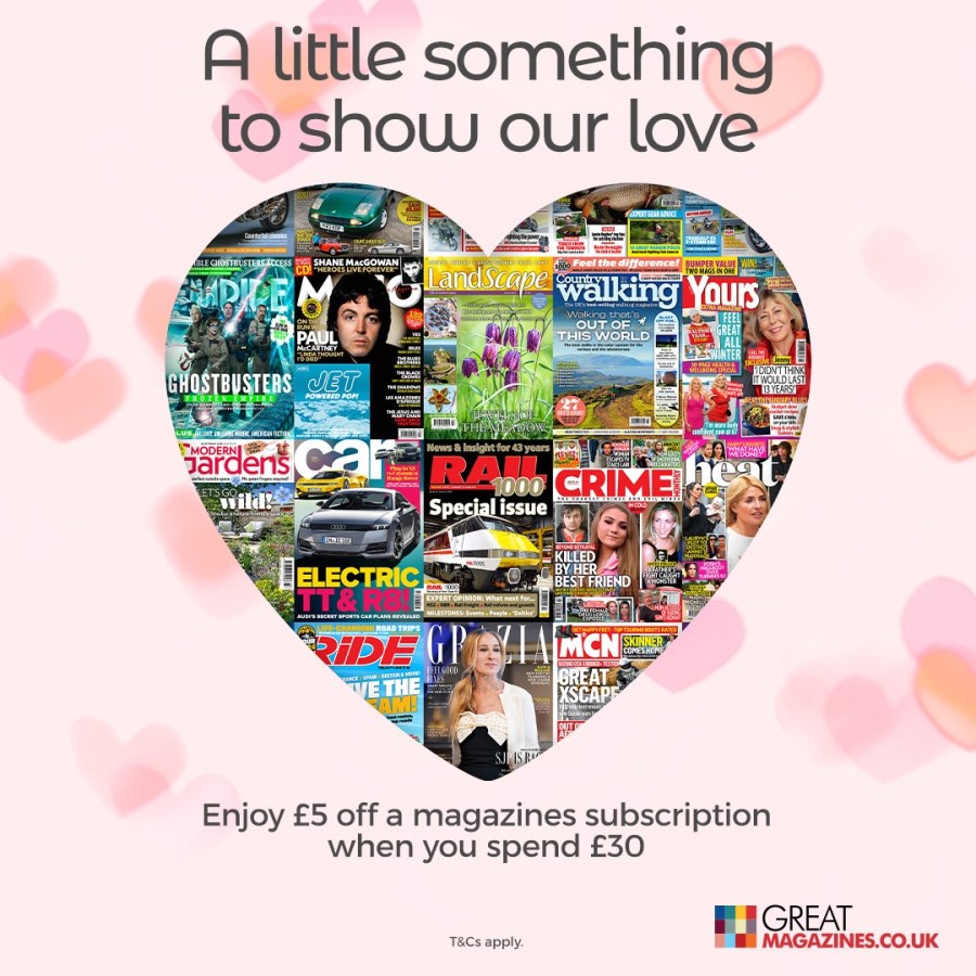 Pink background with hearts, image of magazine covers inside a heart. Great Magazines Valentine's Day discount deal affiliated with SpookyMrsGreen.com mindful parenting and modern pagan lifestyle blog.