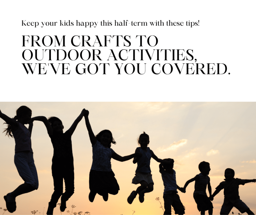Image of children jumping and having fun. Text reads, “Keep your kids happy this half term with these tips! From crafts to outdoor activities, we’ve got your covered.” SpookyMrsGreen.com mindful parenting and modern pagan lifestyle blog.