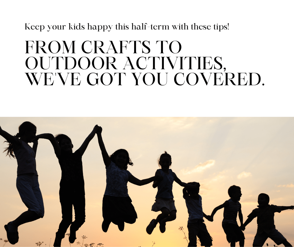 Image of children jumping and having fun. Text reads, “Keep your kids happy this half term with these tips! From crafts to outdoor activities, we’ve got your covered.” SpookyMrsGreen.com mindful parenting and modern pagan lifestyle blog.