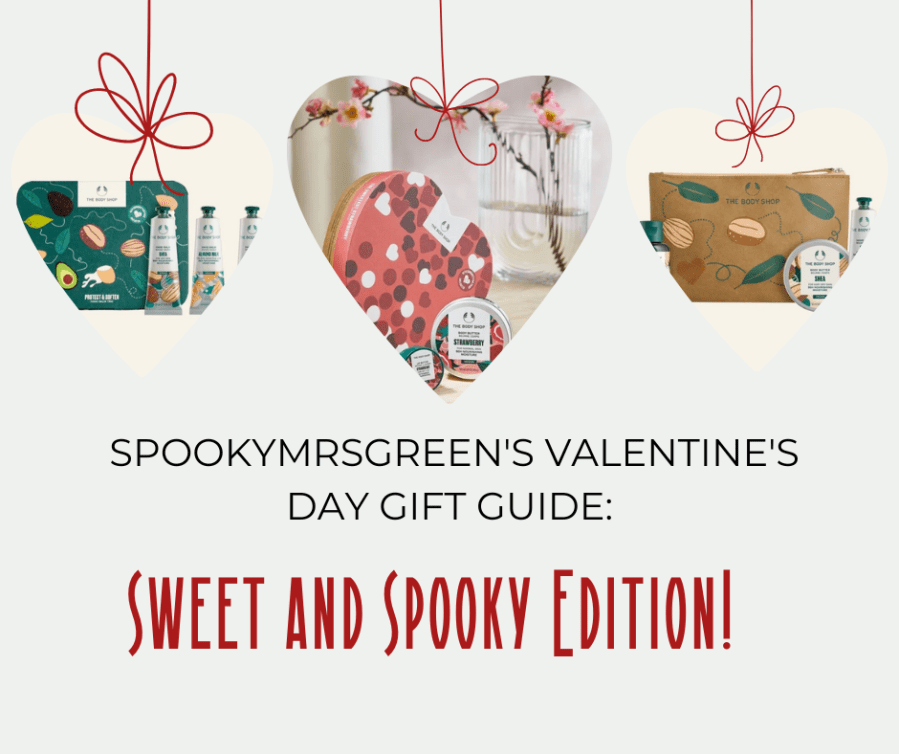 Cute image of hanging love hearts with images of beauty care gift sets from The Body Shop. Text reads, “SpookyMrsGreen's Valentine's Day Gift Guide: Sweet and Spooky Edition!” The Body Shop affiliated with SpookyMrsGreen mindful parenting and modern pagan lifestyle blog.