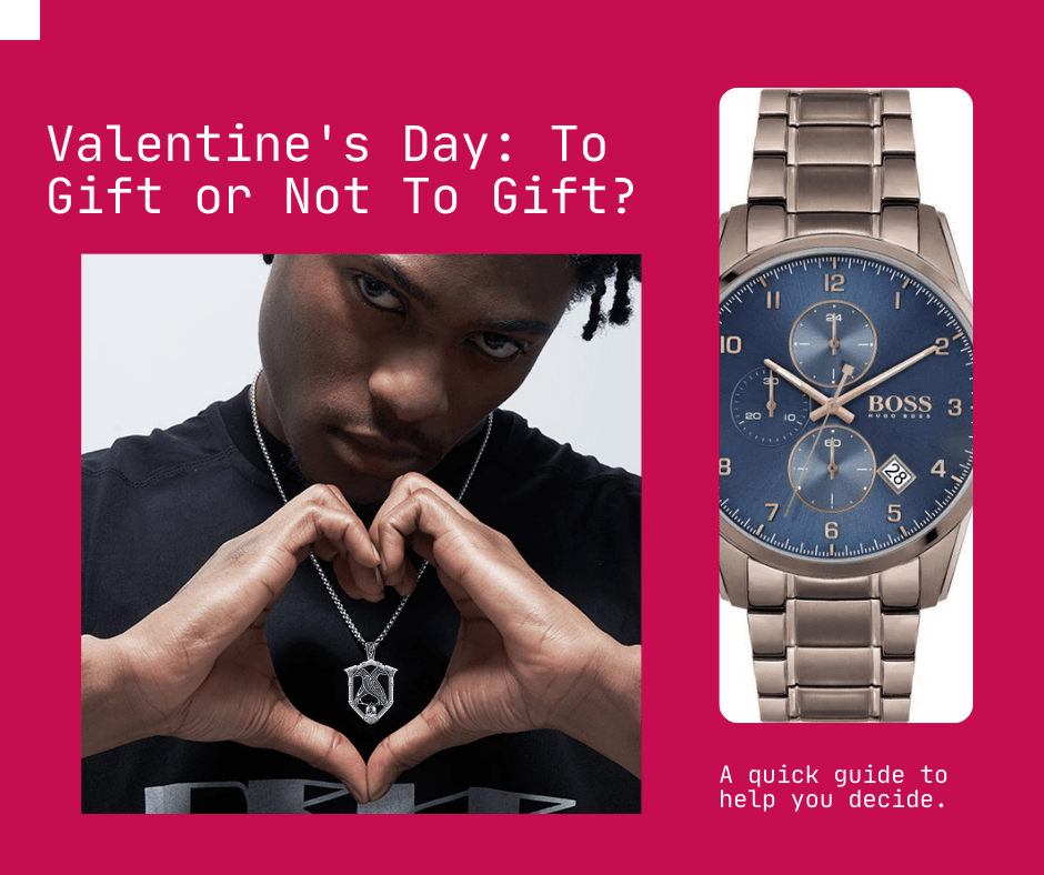 Pink/red background. Image of a Hugo Boss 1513788 Men's Watch from Watch Home. Image of a man wearing a Viking Raven Necklace for Women or Men 925 Sterling Silver Celtic from YFN Jewelry. Text reads, “ Valentine's Day: To Gift or Not to Gift? A quick guide to help you decide.” Brands affiliated with SpookyMrsGreen.com mindful parenting and modern pagan lifestyle blog.