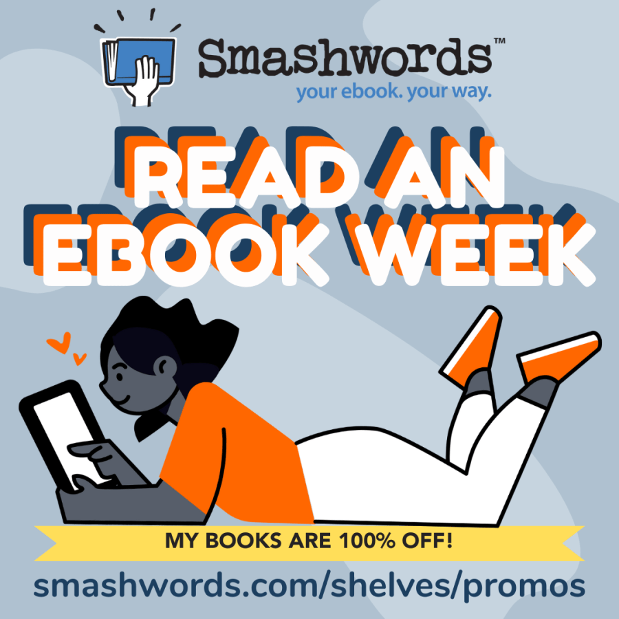 Text reads, "Smashwords Read an eBook Week. My books are one hundred per cent off!" LGBT fantasy book writer Catherine Green, vampire writer of paranormal suspense novels and werewolf romance books.