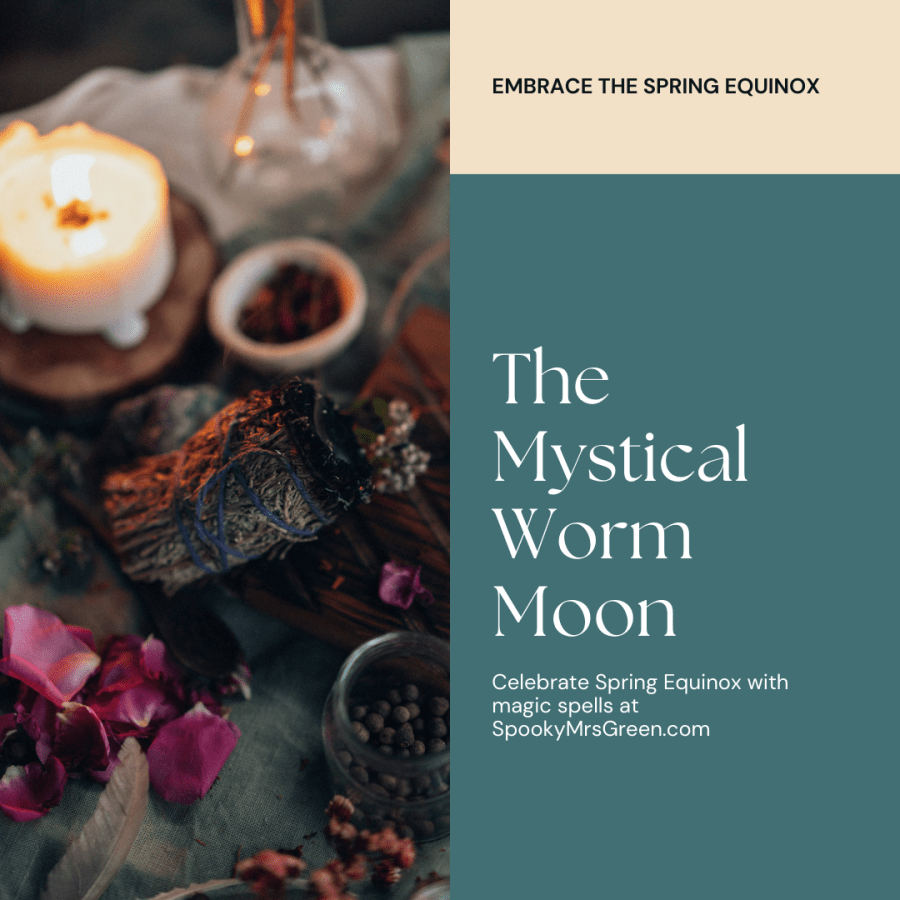 Green background with image of a lit candle and burning sage bundle with flowers. Text reads, “Embrace the Spring Equinox. The mystical worm moon. Celebrate Spring Equinox with magic spells at SpookyMrsGreen.com.” Celebrate Spring Equinox and prepare your full moon magic spells with LGBT fantasy book writer Catherine Green at SpookyMrsGreen mindful parenting and modern pagan lifestyle blog.