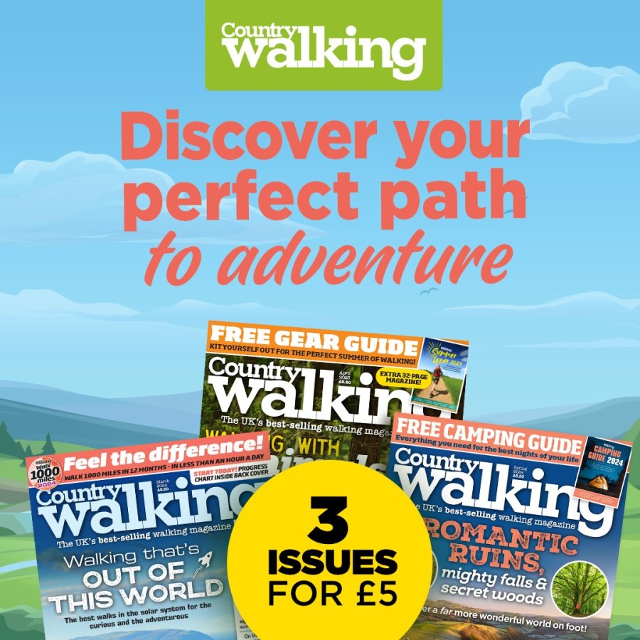 Image of Country Walking magazine front covers. Text reads, “Discover your perfect path to adventure. Three issues for five pounds.” Country Walking magazine from Great Magazines affiliated with SpookyMrsGreen.com mindful parenting and modern pagan lifestyle blog.